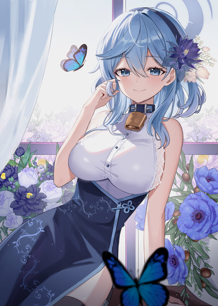 Anime picture 2326x3271 with blue archive ako (blue archive) nannung single long hair tall image looking at viewer blush fringe highres breasts blue eyes light erotic smile hair between eyes large breasts blue hair hair flower arm support side slit