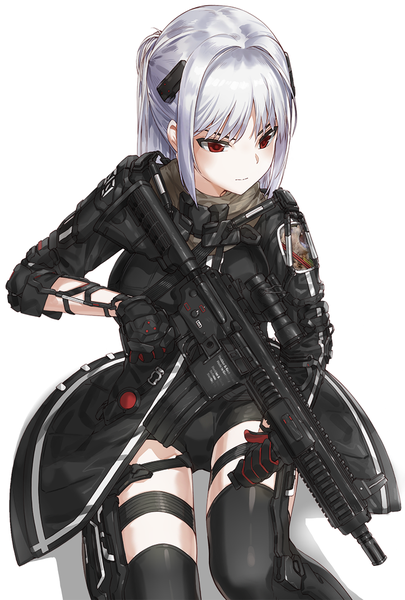 Anime-Bild 725x1074 mit original kfr single long hair tall image blush fringe light erotic simple background red eyes white background holding payot looking away silver hair ponytail shadow girl thighhighs gloves