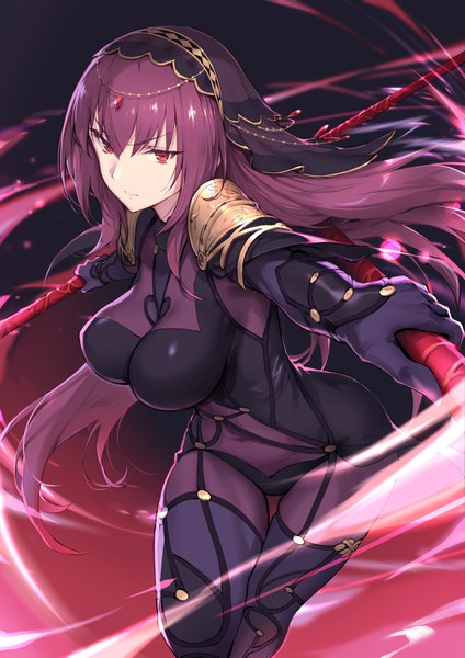 Anime picture 707x1000 with fate (series) fate/grand order scathach (fate) (all) scathach (fate) haoni single long hair tall image looking at viewer fringe breasts light erotic simple background hair between eyes red eyes large breasts standing holding purple hair thigh gap