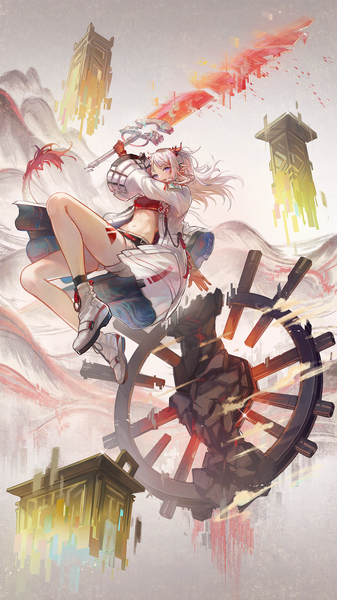 Anime picture 1296x2304 with arknights nian (arknights) kyusoukyu single long hair tall image purple eyes silver hair full body horn (horns) pointy ears open jacket bare legs midriff jumping girl weapon jacket boots huge weapon