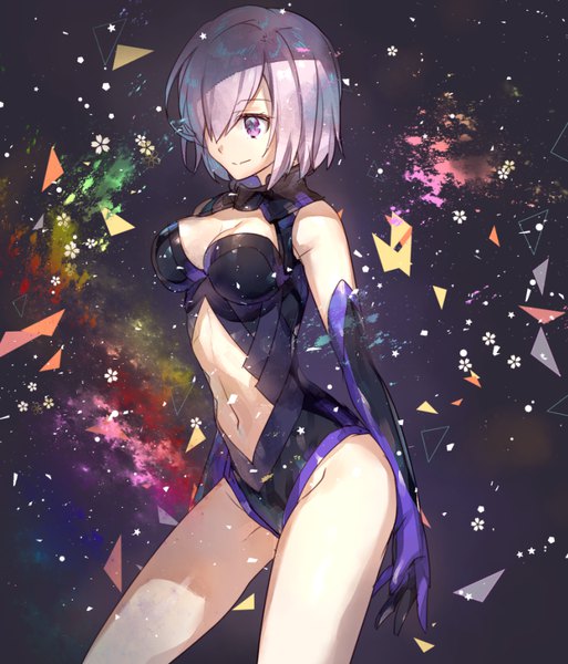 Anime picture 735x859 with fate (series) fate/grand order mash kyrielight chocoan single tall image fringe short hair breasts light erotic smile purple eyes looking away purple hair hair over one eye center opening girl gloves elbow gloves