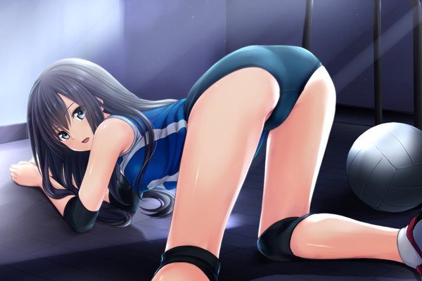 Anime picture 1005x670 with original kamikawa tamaki nonaka ritsu single long hair looking at viewer blush fringe open mouth light erotic black hair hair between eyes indoors looking back grey eyes on all fours top-down bottom-up girl uniform gym uniform