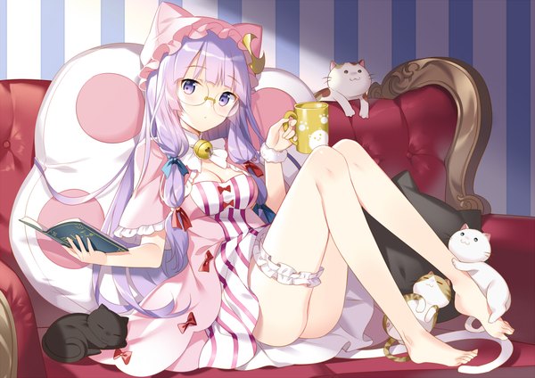 Anime picture 1000x707 with touhou patchouli knowledge rie (reverie) single long hair blush fringe breasts light erotic sitting purple eyes holding animal ears looking away cleavage purple hair full body bent knee (knees) indoors tail