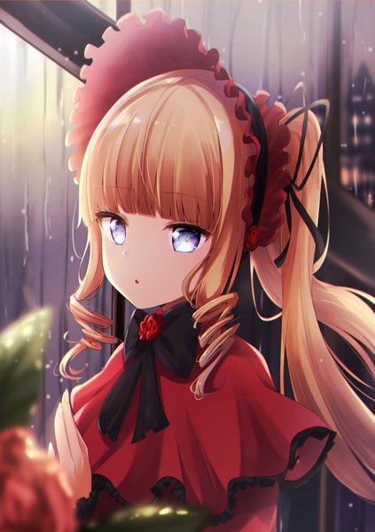 Anime picture 1764x2500 with rozen maiden shinku renka (cloudsaikou) single long hair tall image fringe highres twintails payot looking away upper body blunt bangs :o drill hair rain against glass girl hat