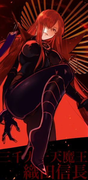 Anime picture 1700x3463 with fate (series) fate/grand order koha-ace oda nobunaga (fate) (all) oda nobunaga (maou avenger) (fate) sorahar216 single long hair tall image looking at viewer fringe breasts light erotic simple background red eyes bent knee (knees) red hair parted lips head tilt hair over one eye