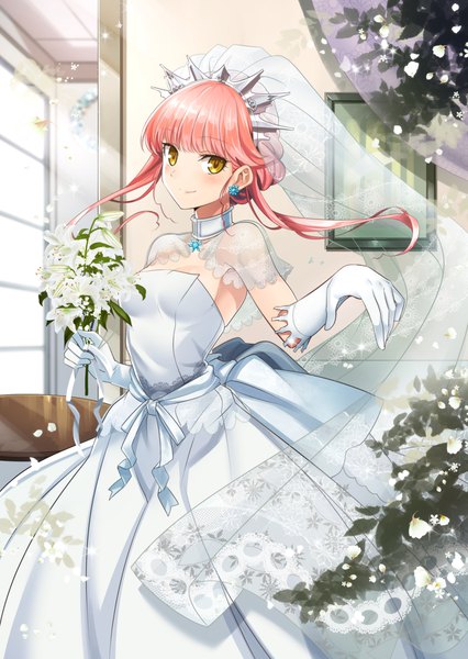 Anime-Bild 1300x1829 mit fate (series) fate/grand order medb (fate) shimo (s kaminaka) single long hair tall image looking at viewer blush fringe smile standing holding yellow eyes pink hair indoors blunt bangs girl dress gloves