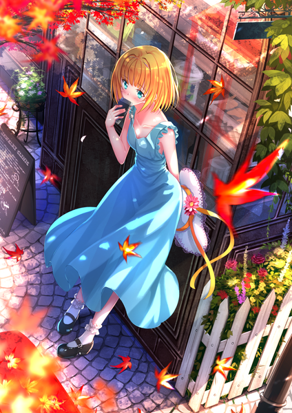 Anime picture 1102x1560 with heavy object j.c. staff milinda brantini swordsouls single tall image blush fringe short hair breasts blue eyes blonde hair holding looking away full body outdoors from above wind sunlight leaning