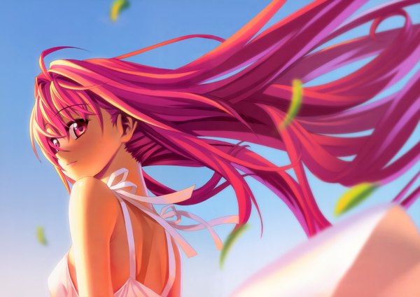 Anime picture 9881x6997 with shinkyoku soukai polyphonica corticarte apa lagranges kannatsuki noboru single long hair fringe highres smile standing pink hair absurdres sky pink eyes looking back light smile wind sunlight scan official art girl