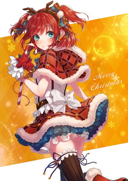 Anime picture 1273x1800 with love live! sunshine!! sunrise (studio) love live! kurosawa ruby sudach koppe single tall image looking at viewer blush short hair red hair looking back horn (horns) aqua eyes from behind two side up christmas merry christmas antlers girl