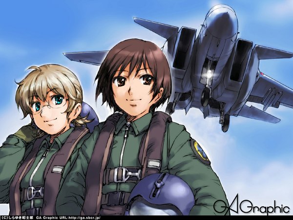 Anime picture 1024x768 with gagraphic shirayuki shoushirou short hair blue eyes brown hair brown eyes signed sky upper body light smile copyright name helmet removed pilot girl glasses helmet aircraft airplane