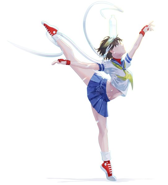 Anime picture 1105x1222 with street fighter street fighter zero (series) capcom kasugano sakura cofffee single tall image short hair simple background brown hair standing white background full body profile pleated skirt midriff standing on one leg looking up arabesque (pose) girl