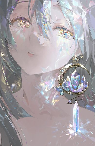Anime picture 778x1193 with original pla4neta single long hair tall image looking at viewer fringe hair between eyes yellow eyes silver hair upper body parted lips shiny girl gem single earring moon (symbol)