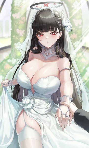 Anime picture 1200x1982 with blue archive rio (blue archive) slime nyang long hair tall image looking at viewer blush fringe breasts open mouth light erotic red eyes standing cleavage blunt bangs :o huge breasts shiny skin side slit dress lift