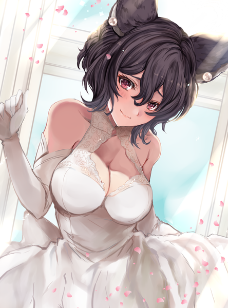 Anime picture 1653x2232 with granblue fantasy ilsa (granblue fantasy) hinahino single tall image looking at viewer blush fringe short hair breasts light erotic black hair hair between eyes red eyes large breasts standing bare shoulders animal ears payot cleavage