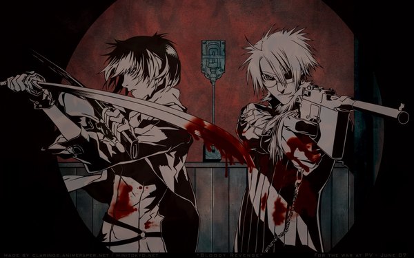 Anime picture 1920x1200 with dogs: bullets & carnage david production haine rammsteiner fuyumine naoto highres short hair black hair wide image white hair profile girl boy gloves weapon sword glasses katana gun blood chain