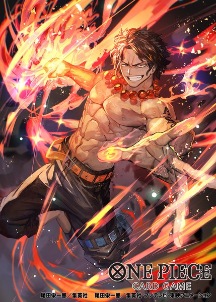 Anime picture 1002x1400 with one piece toei animation portgas d. ace lack single tall image looking at viewer short hair black hair smile official art tattoo copyright name grin magic topless muscle jumping freckles abs