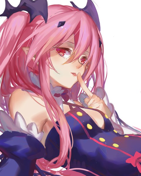 Anime picture 1024x1280 with owari no seraph wit studio kururu tepes red cucumber single long hair tall image looking at viewer fringe simple background hair between eyes red eyes white background bare shoulders pink hair upper body pointy ears two side up finger to mouth cleavage cutout