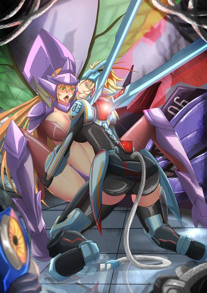 Anime picture 2893x4092 with league of legends kha'zix (league of legends) torahime (roland00) long hair tall image blush highres short hair breasts light erotic blonde hair large breasts multiple girls brown eyes green eyes orange hair saliva yuri dual persona genderswap