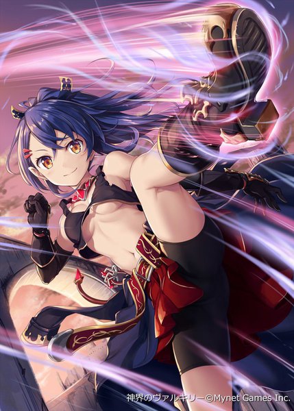 Anime picture 643x900 with shinkai no valkyrie minister jigan akkijin single long hair tall image looking at viewer fringe breasts light erotic smile hair between eyes standing bare shoulders blue hair sky cleavage purple hair cloud (clouds) bent knee (knees)