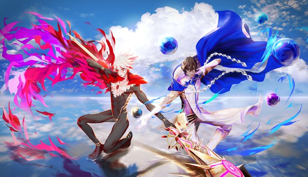 Anime picture 2677x1546 with fate (series) fate/grand order karna (fate) arjuna (fate) daeraeband fringe highres short hair blue eyes black hair hair between eyes wide image sky cloud (clouds) full body white hair arm up black eyes multiple boys outstretched arm