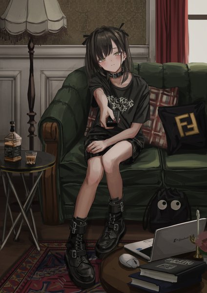 Anime picture 2894x4093 with original nadegata single long hair tall image looking at viewer fringe highres black hair sitting holding yellow eyes full body indoors nail polish head tilt two side up outstretched arm plaid skirt gothic