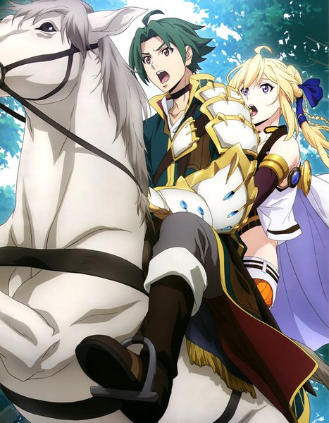 Anime picture 3179x4082 with grancrest senki a-1 pictures siluca meletes theo cornaro long hair tall image highres short hair open mouth blonde hair purple eyes brown eyes absurdres ahoge green hair official art riding girl boy ribbon (ribbons)
