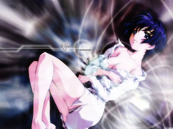 Anime picture 1280x960 with ai yori aoshi j.c. staff sakuraba aoi single looking at viewer short hair breasts blue eyes light erotic large breasts blue hair full body lying from above light smile bare legs copyright name character names on side third-party edit