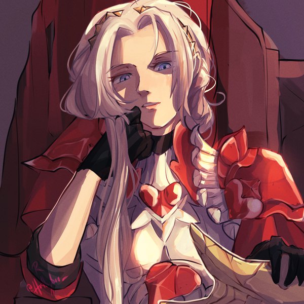 Anime picture 2000x2000 with fire emblem fire emblem: three houses fire emblem warriors: three hopes nintendo edelgard von hresvelg hallybrr single long hair looking at viewer highres purple eyes signed upper body white hair parted lips twitter username girl gloves black gloves