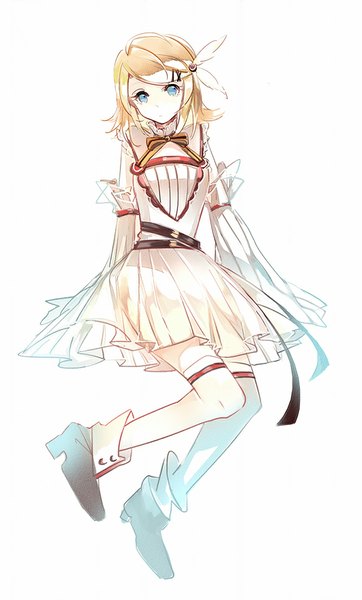 Anime picture 604x1000 with vocaloid kagamine rin vima single tall image looking at viewer short hair blue eyes simple background blonde hair white background long sleeves hair flower wide sleeves girl thighhighs dress hair ornament flower (flowers) bow