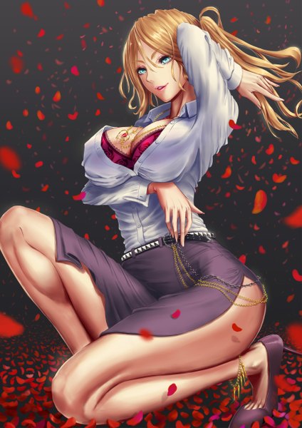 Anime picture 1800x2546 with original zgwg single long hair tall image highres breasts blue eyes light erotic blonde hair large breasts ponytail legs girl skirt petals shoes lingerie bra pendant