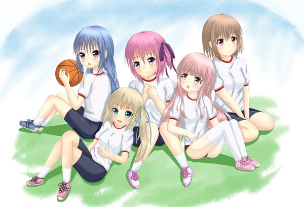 Anime picture 1500x1021 with ro-kyu-bu! project no.9 minato tomoka hakamada hinata misawa maho nagatsuka saki kashii airi tear yu long hair looking at viewer blush fringe short hair open mouth blonde hair brown hair multiple girls blue hair pink hair grey hair