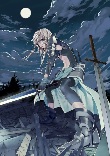 Anime picture 2893x4092 with gaou (umaiyo puyoman) long hair tall image highres blue eyes blonde hair sky cloud (clouds) destruction girl gloves weapon sword boots armor moon
