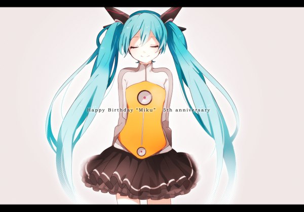 Anime picture 1484x1039 with vocaloid odds & ends (vocaloid) hatsune miku tama (songe) single long hair blush simple background smile standing twintails blue hair eyes closed inscription letterboxed hands behind back happy birthday anniversary girl skirt