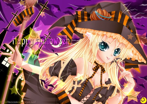 Anime picture 1680x1190 with original midzuki single long hair looking at viewer blue eyes blonde hair animal ears cat ears halloween :p witch happy halloween girl dress detached sleeves star (symbol) witch hat broom bat