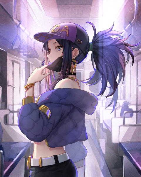 Anime picture 1600x2000 with league of legends k/da (league of legends) akali (league of legends) k/da akali luli ovo single long hair tall image blue eyes black hair looking away ponytail profile open jacket train interior mask pull girl earrings jacket bracelet