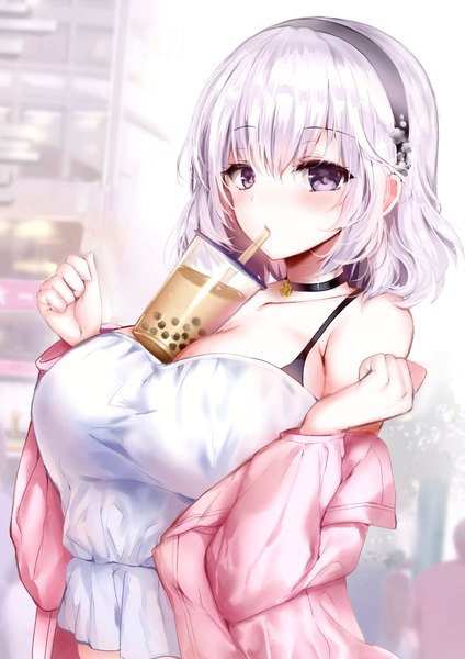 Anime picture 827x1169 with original yuuri (mafuyu) mafuyu single tall image looking at viewer blush fringe short hair breasts light erotic large breasts purple eyes cleavage silver hair upper body off shoulder open jacket alternate hairstyle drinking