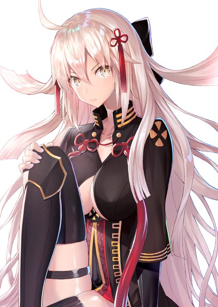 Anime picture 677x956 with fate (series) fate/grand order koha-ace okita souji (fate) (all) okita souji alter (fate) hakuishi aoi single long hair tall image looking at viewer blush fringe light erotic simple background hair between eyes white background sitting yellow eyes cleavage silver hair