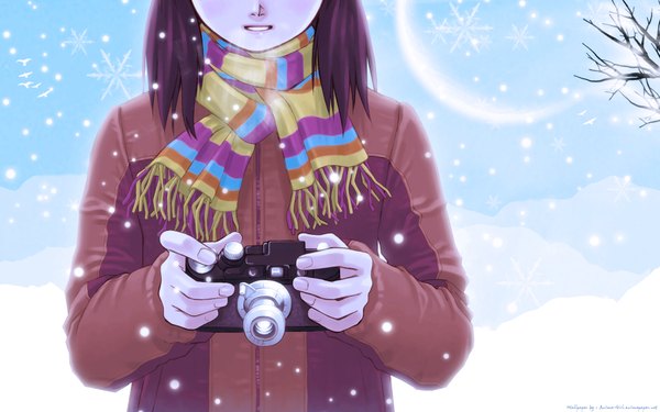Anime picture 1920x1200 with kobayashi yuji single highres short hair wide image purple hair parted lips snowing exhalation third-party edit girl scarf branch snowflake (snowflakes) winter clothes camera