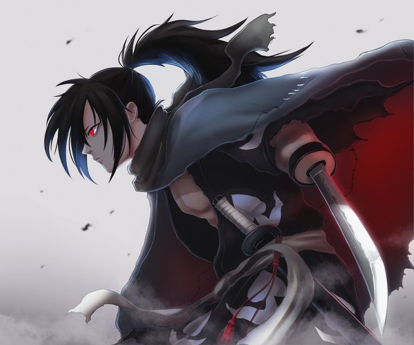 Anime picture 1200x1000 with dororo (tezuka) hyakkimaru (dororo) hirohiro single long hair fringe black hair hair between eyes red eyes looking away ponytail traditional clothes japanese clothes profile grey background leaning leaning forward fighting stance serious boy