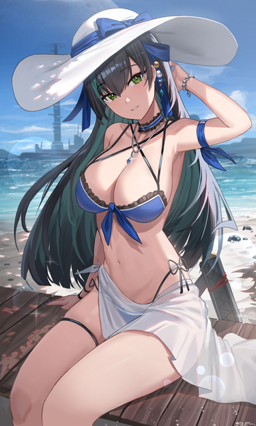 Anime picture 2868x4761 with tower of fantasy lin (tower of fantasy) jeze single long hair tall image looking at viewer fringe highres breasts light erotic black hair smile hair between eyes large breasts sitting green eyes blunt bangs head tilt multicolored hair