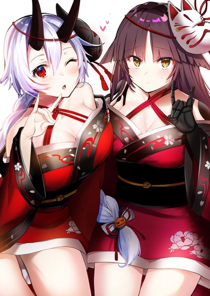Anime picture 2894x4084 with fate (series) fate/grand order tomoe gozen (fate) katou danzou (fate) felnemo3 long hair tall image looking at viewer blush fringe highres breasts open mouth hair between eyes red eyes brown hair large breasts multiple girls yellow eyes silver hair