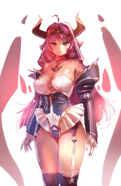 Anime picture 1000x1539 with original bow (bhp) single long hair tall image looking at viewer blush light erotic bare shoulders pink hair ahoge horn (horns) grey eyes girl thighhighs detached sleeves choker garter straps leotard