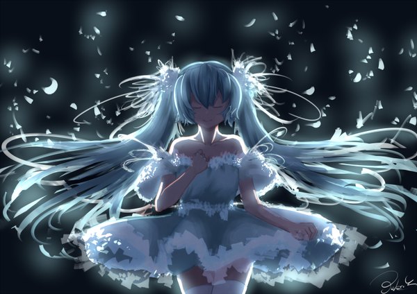 Anime picture 1440x1018 with project diva f 2nd vocaloid hatsune miku pkq single fringe hair between eyes twintails bare shoulders signed payot eyes closed very long hair light smile fur trim hand on chest girl thighhighs dress hair ornament