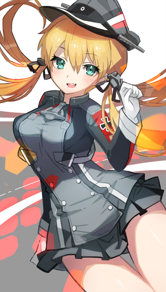 Anime picture 856x1500 with kantai collection prinz eugen (kantai collection) saitou naoki single long hair tall image looking at viewer blush open mouth blonde hair hair between eyes twintails green eyes low twintails girl skirt gloves uniform miniskirt white gloves