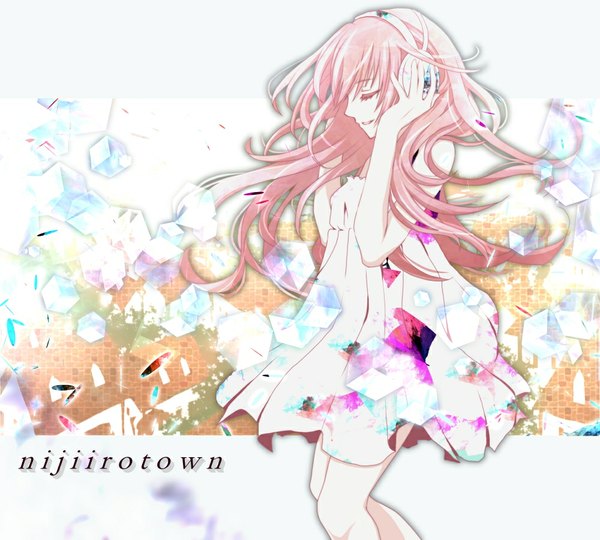 Anime picture 1000x900 with vocaloid megurine luka aonoe single long hair pink hair eyes closed girl headphones sundress
