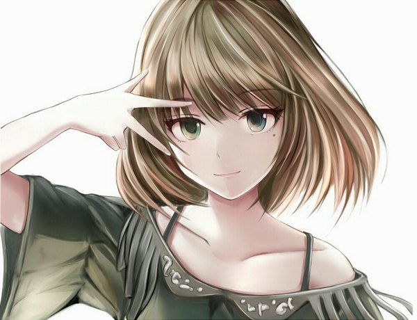 Anime picture 1000x767 with idolmaster idolmaster cinderella girls takagaki kaede nannacy7 single looking at viewer blush fringe short hair simple background smile brown hair white background bare shoulders upper body arm up fingernails mole wide sleeves short sleeves