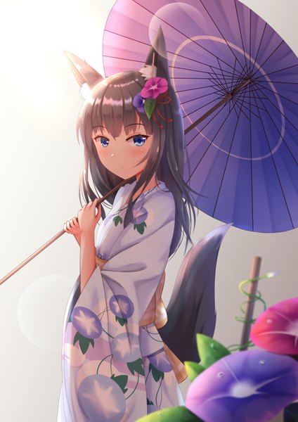 Anime picture 1240x1754 with original f (milfaaaaa) single long hair tall image looking at viewer blush fringe blue eyes black hair simple background smile standing holding animal ears tail traditional clothes japanese clothes animal tail hair flower