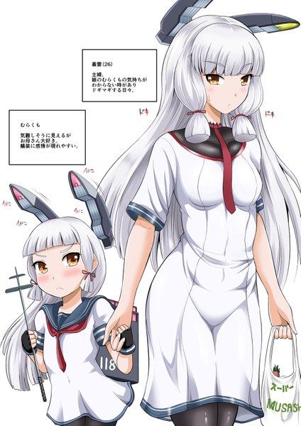Anime picture 1191x1684 with kantai collection murakumo destroyer yano toshinori long hair tall image blush breasts simple background white background multiple girls holding payot white hair inscription orange eyes alternate costume text holding hands dual persona tress ribbon