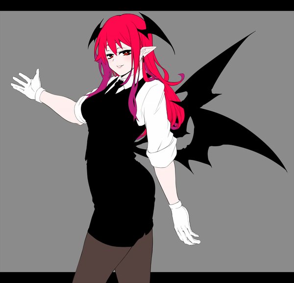 Anime picture 1226x1179 with touhou koakuma haiiro gundan single long hair looking at viewer fringe breasts simple background smile hair between eyes red eyes red hair parted lips multicolored hair pointy ears grey background letterboxed colored inner hair head wings