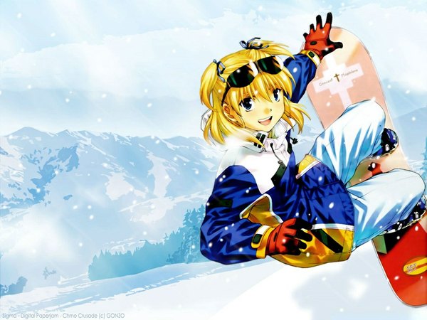Anime picture 1024x768 with chrono crusade gonzo rosette christopher single looking at viewer short hair open mouth blue eyes blonde hair smile wallpaper snow girl gloves ribbon (ribbons) hair ribbon jacket sunglasses snowboard